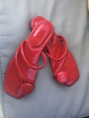 Patent Red Slide Mules with Sculptural Strap Detail